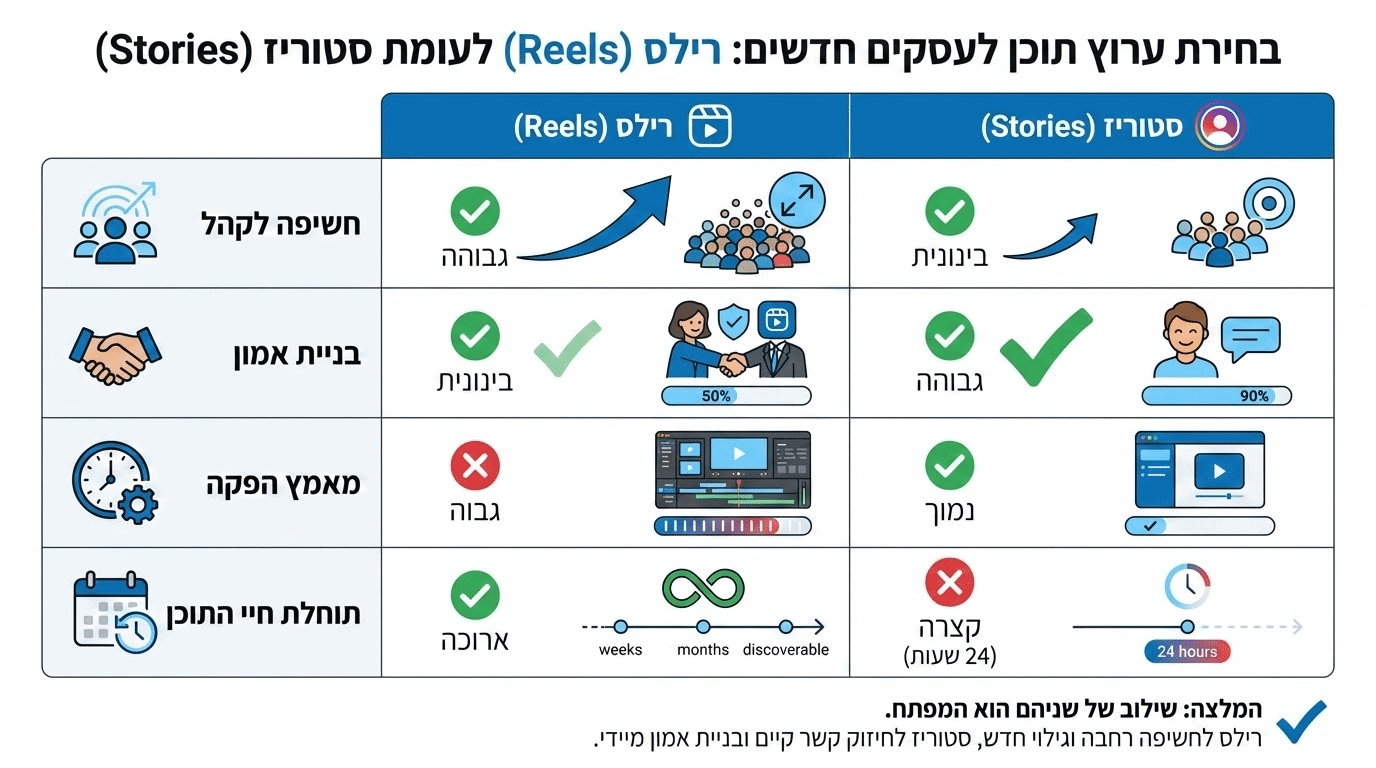 טבלת השוואה בין ריל לסטורי עבור עסקים חדשים שמתחילים באינסטגרם