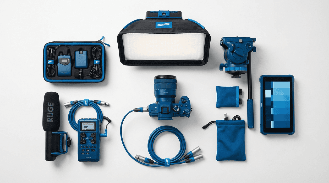 ציוד מקצועי לצילום ראיונות כולל מצלמות תאורה ומיקרופונים