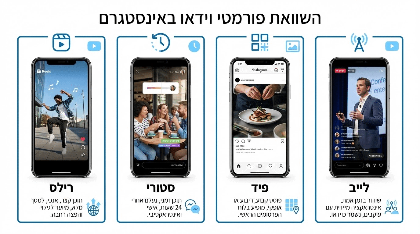 השוואה בין פורמטים שונים של סרטונים באינסטגרם - ריל, סטורי ופוסט בפיד