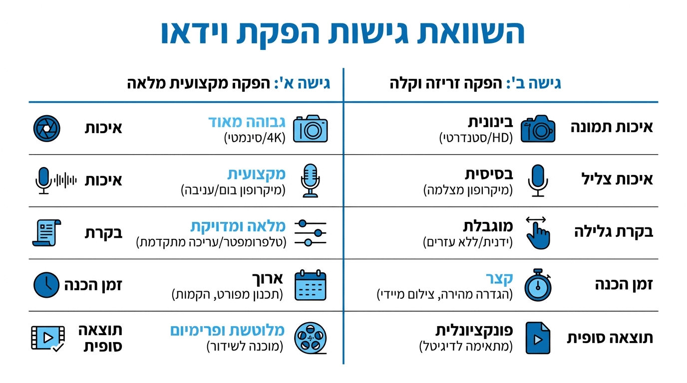 השוואה בין צילום עצמי לשירות מקצועי מלא עם טלפרומטר