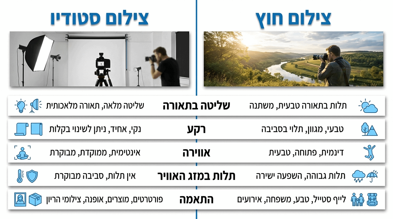 השוואה בין צילום בסטודיו לצילום בלוקיישן חיצוני