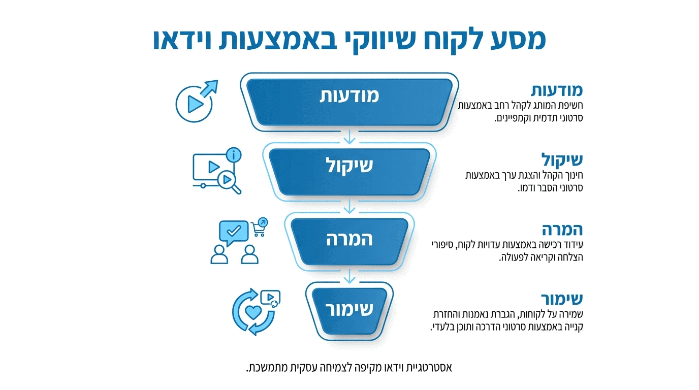 השוואת סוגי סרטונים לפי שלב במשפך השיווקי - מודעות, שיקול, המרה ושימור