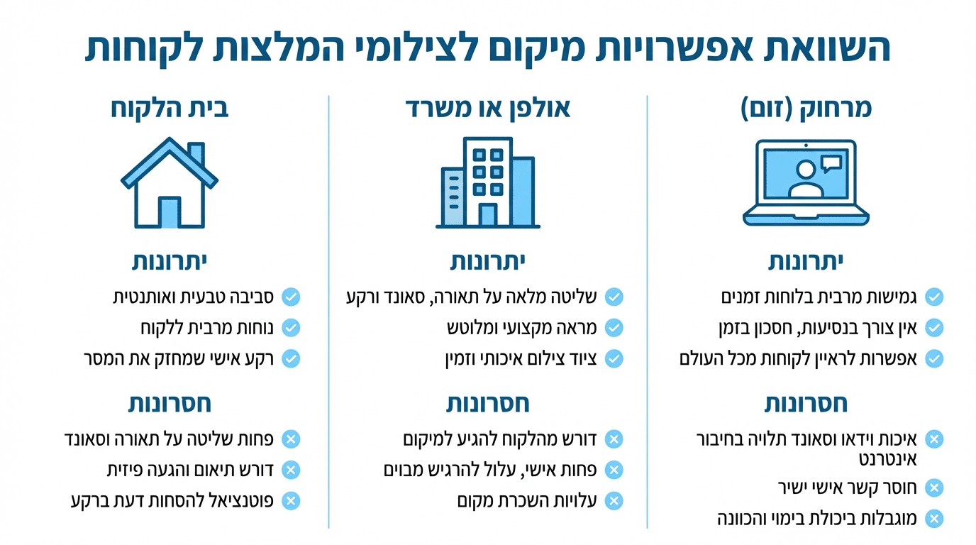 השוואה בין אפשרויות צילום עדויות לקוחות - בבית הלקוח, במשרד או מרחוק