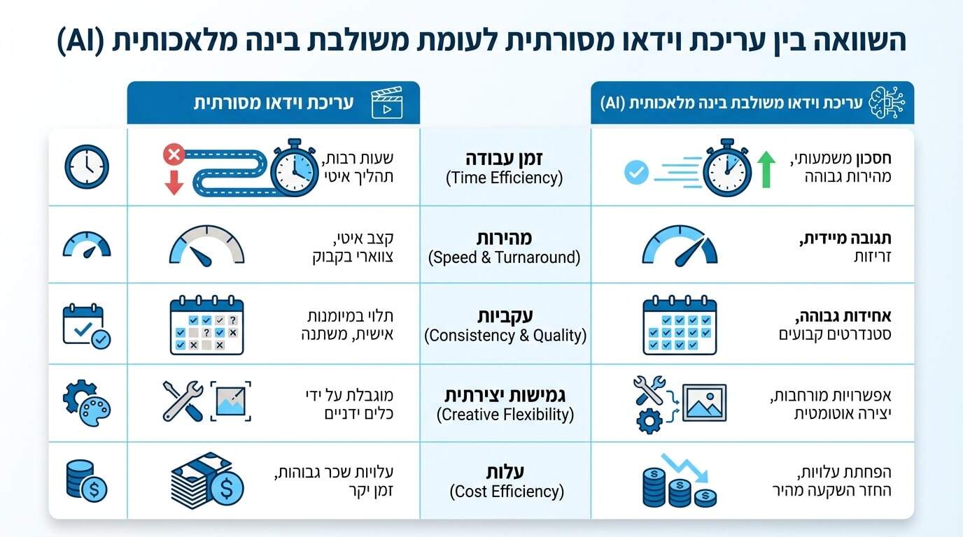 השוואה בין עריכת וידאו מסורתית לעריכה משולבת בינה מלאכותית