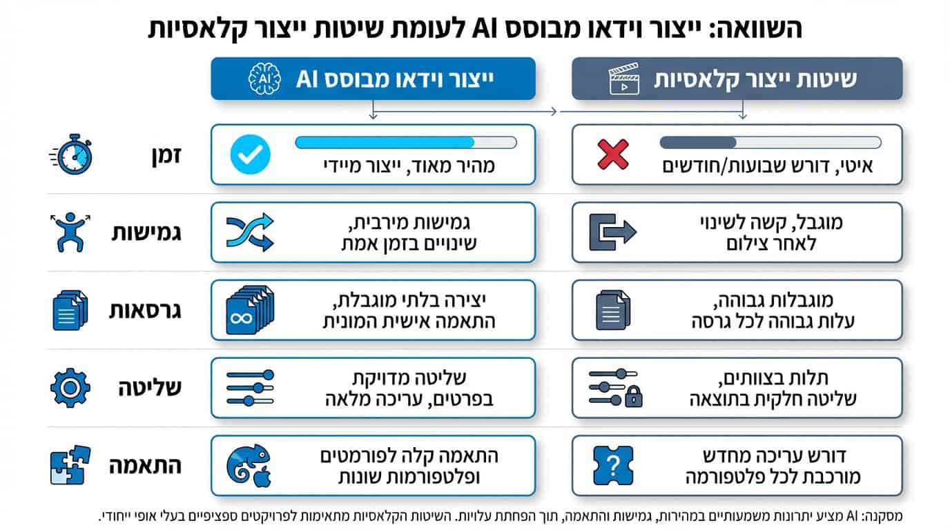 השוואה בין הפקת וידאו AI להפקה קלאסית
