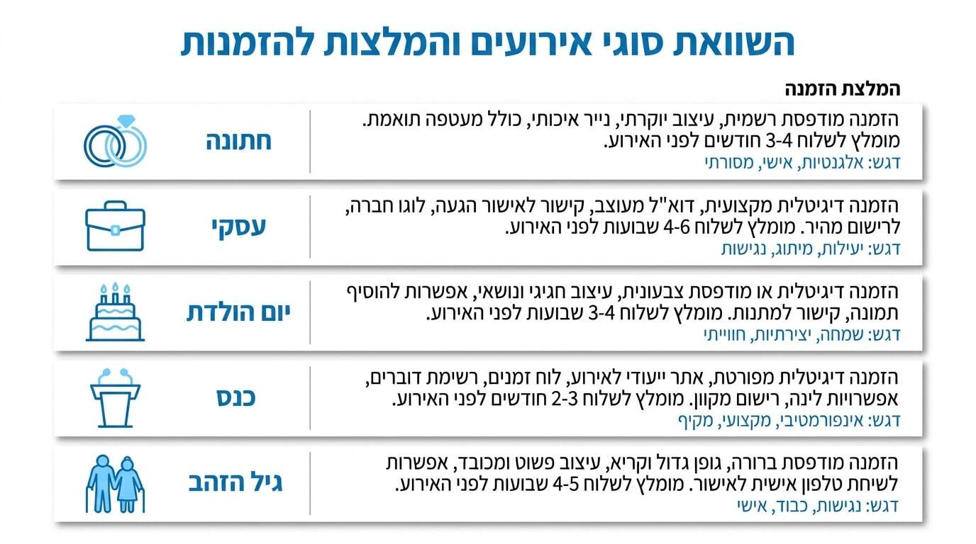 השוואה בין הזמנת וידאו AI לעיצוב סטטי לפי סוגי אירועים