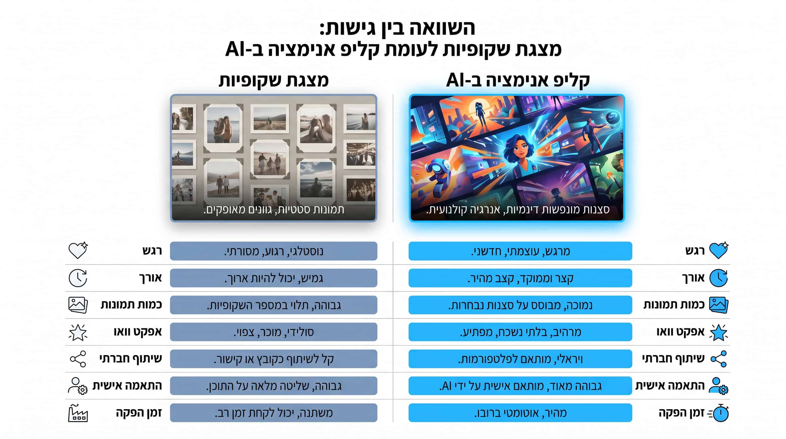 טבלת השוואה בין מצגת רגילה לקליפ אנימציה AI לבת מצווה