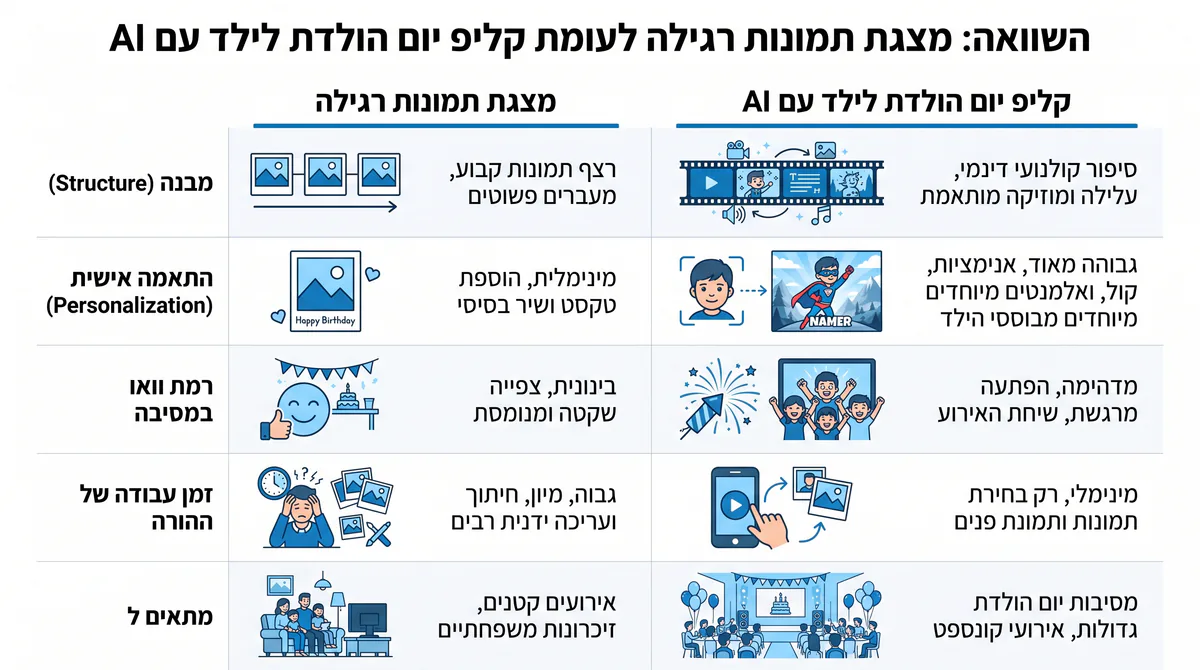 השוואה בין מצגת תמונות רגילה לבין קליפ יום הולדת לילד עם AI